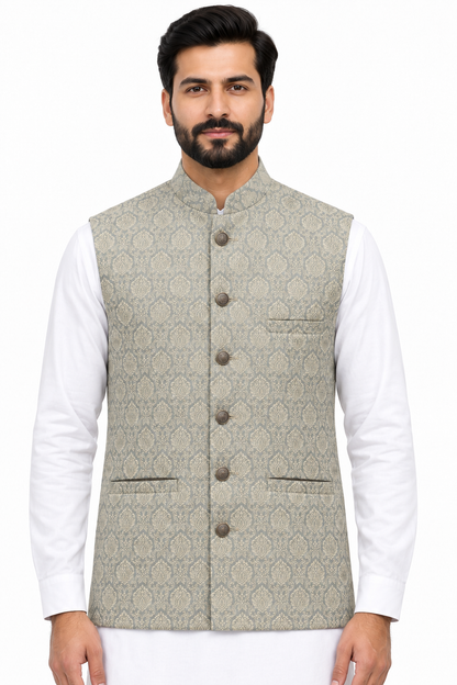 Men's Banarsi Cream Grey Diamond Design Waistcoat Close Up
