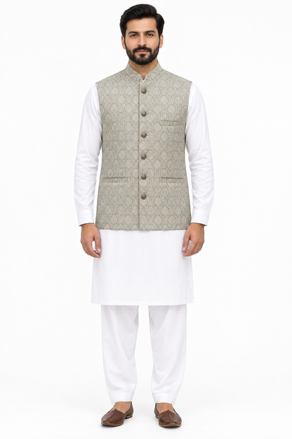 Men's Banarsi Cream Grey Diamond Design Waistcoat Full