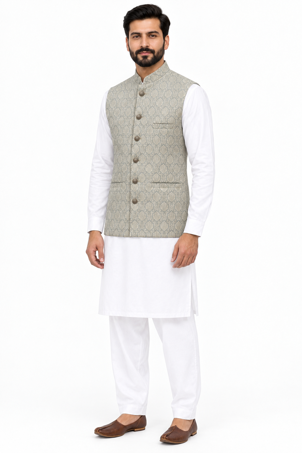 Men's Banarsi Cream Grey Diamond Design Waistcoat Full Angled