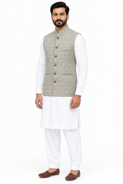 Men's Banarsi Cream Grey Diamond Design Waistcoat Full Angled