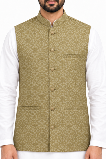 Men's Banarsi Light Golden Copper Waistcoat Close Up