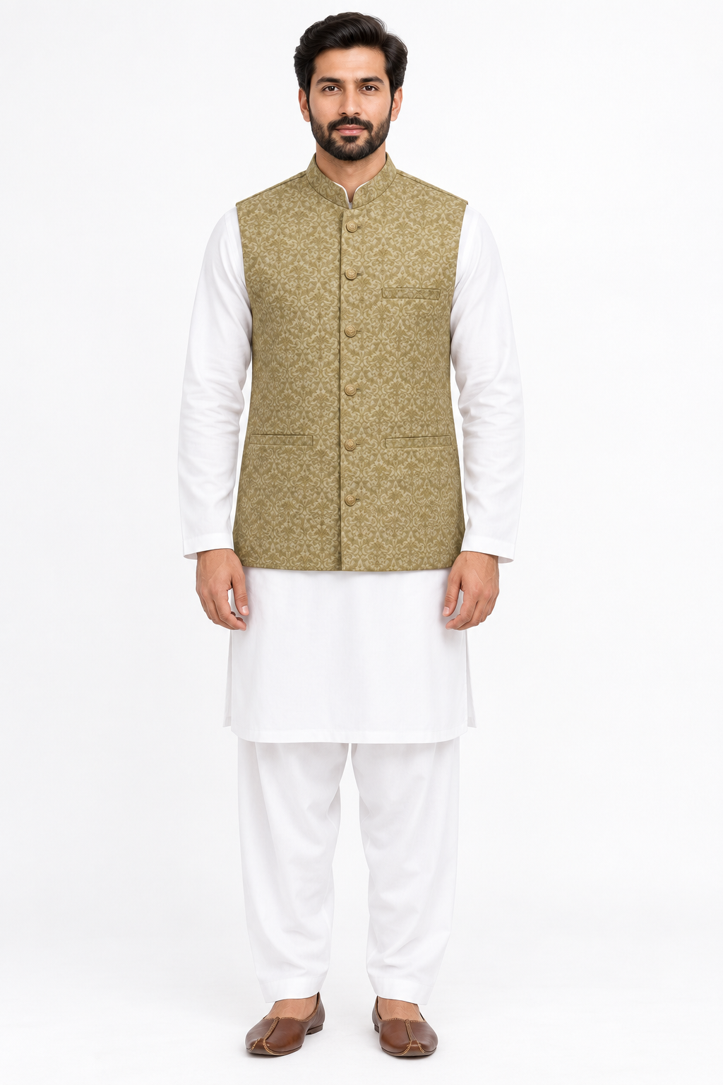 Men's Banarsi Light Golden Copper Waistcoat Full