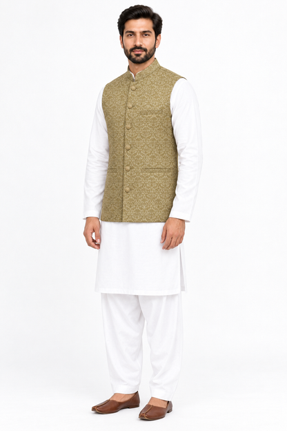 Men's Banarsi Light Golden Copper Waistcoat Full Angled