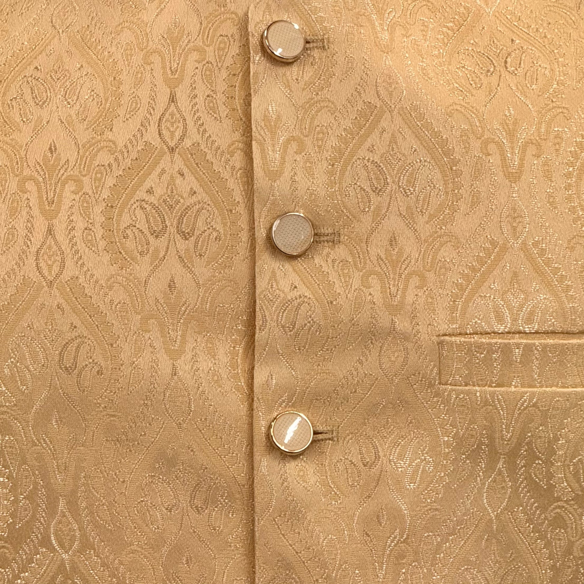 Men's Beige Gold Royal Design Jamawar Waistcoat Close Up