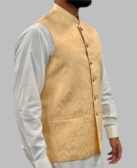 Men's Beige Gold Royal Design Jamawar Waistcoat Side View