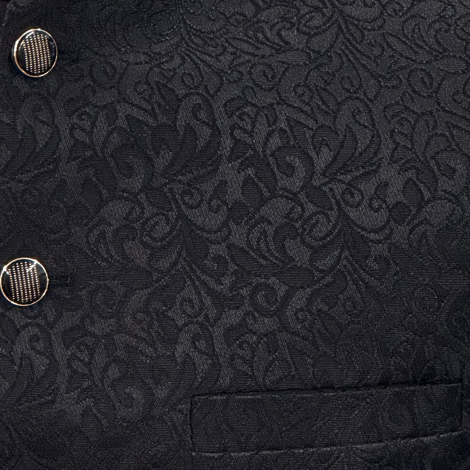 Men's Black Flower Design Jamawar Waistcoat Close Up