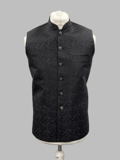 Men's Black Flower Design Jamawar Waistcoat Front View