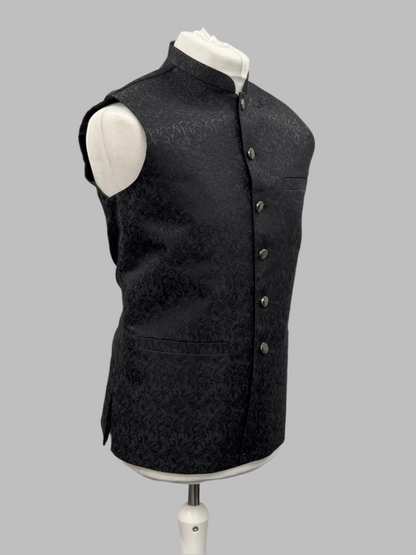 Men's Black Flower Design Jamawar Waistcoat Side View