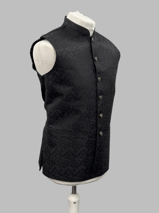 Men's Black Flower Design Jamawar Waistcoat Side View