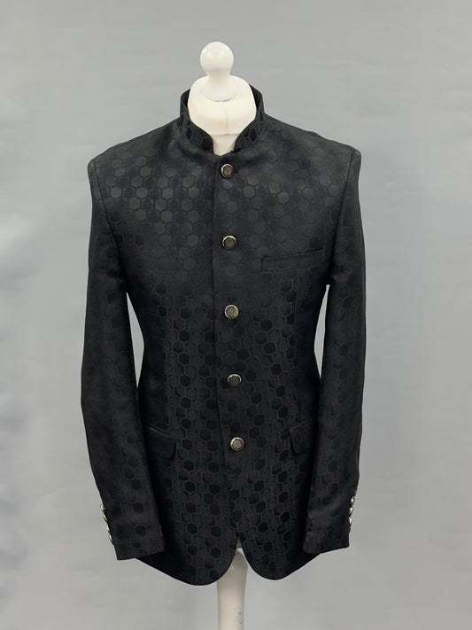 Men's Black Hex Design Jamawar Prince Jacket