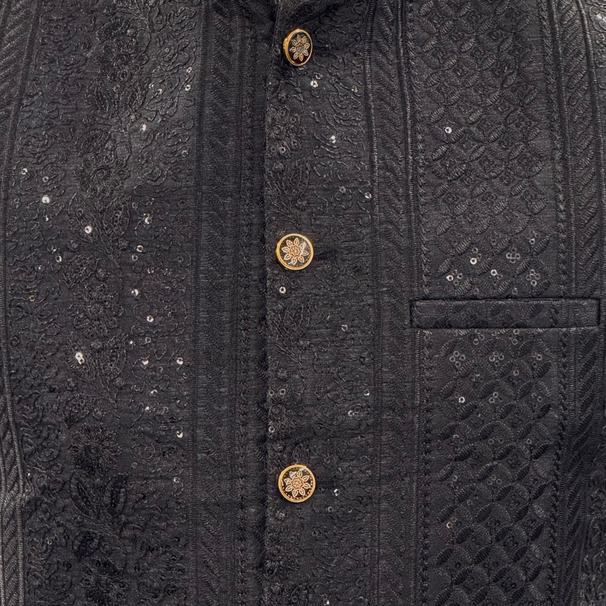 Men's Black Sequin Cross-Stitch Premium Waistcoat Close Up