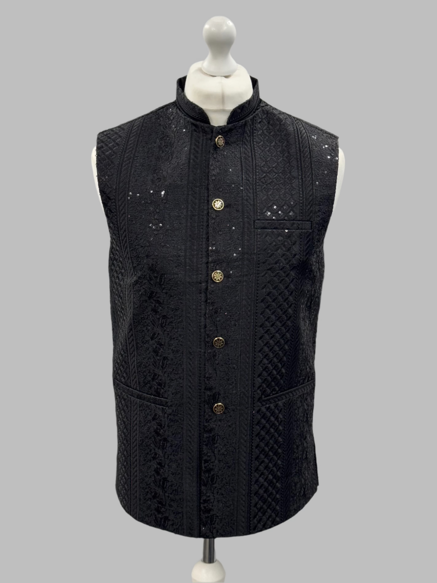Men's Black Sequin Cross-Stitch Premium Waistcoat Front View