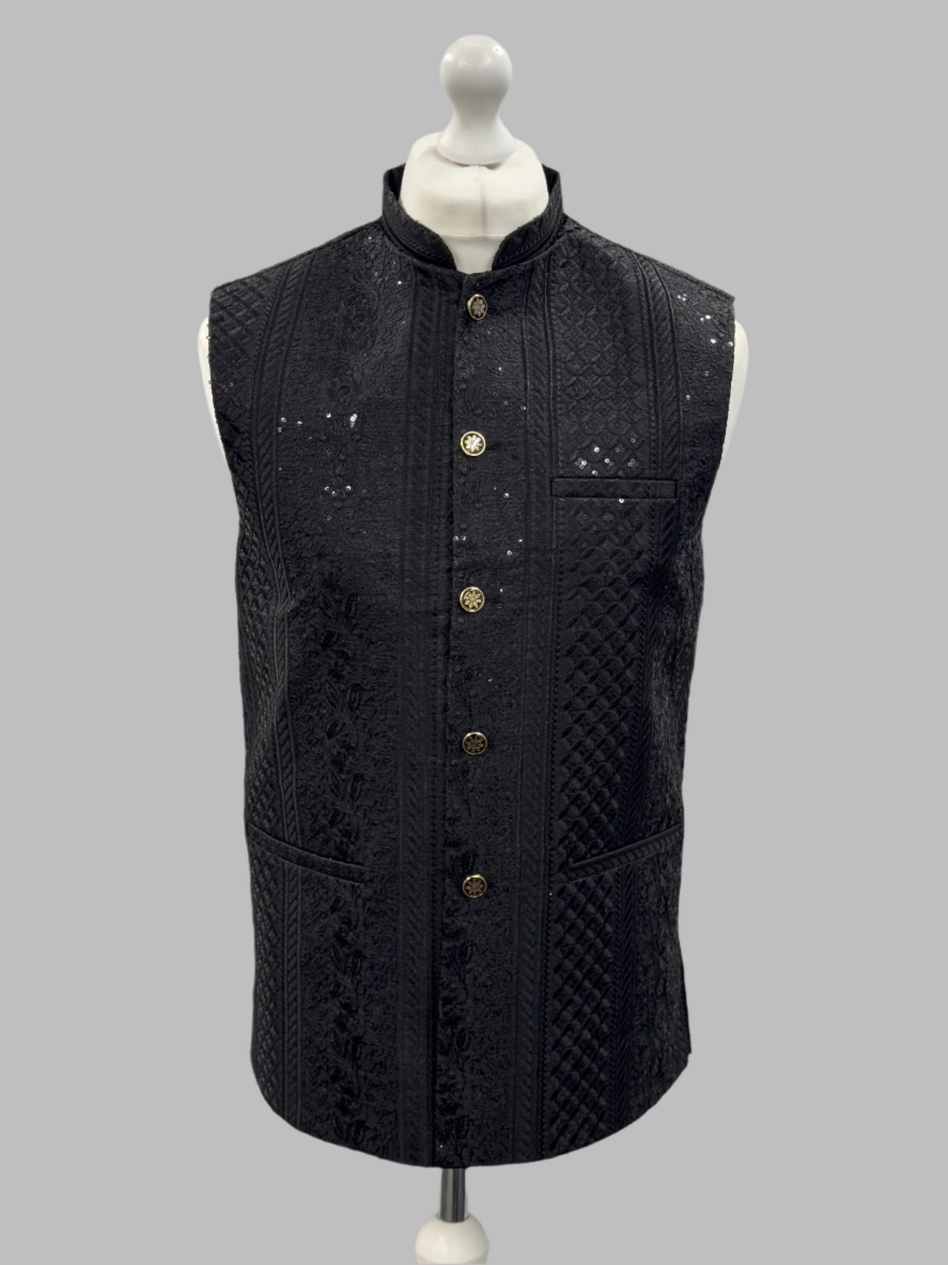 Men's Black Sequin Cross-Stitch Premium Waistcoat Front View