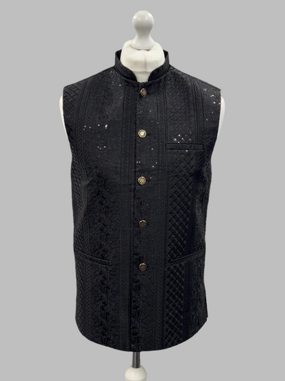 Men's Black Sequin Cross-Stitch Premium Waistcoat Front View