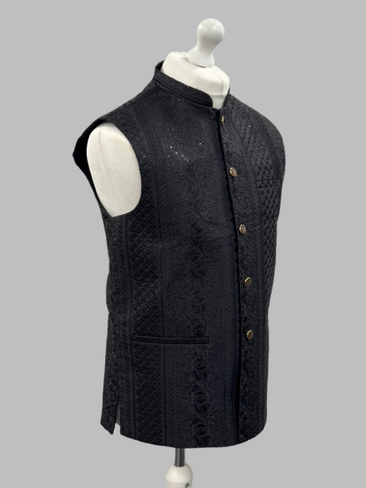 Men's Black Sequin Cross-Stitch Premium Waistcoat Side View