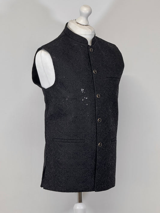 Men's Black Sequin Paisley Premium Waistcoat Side View