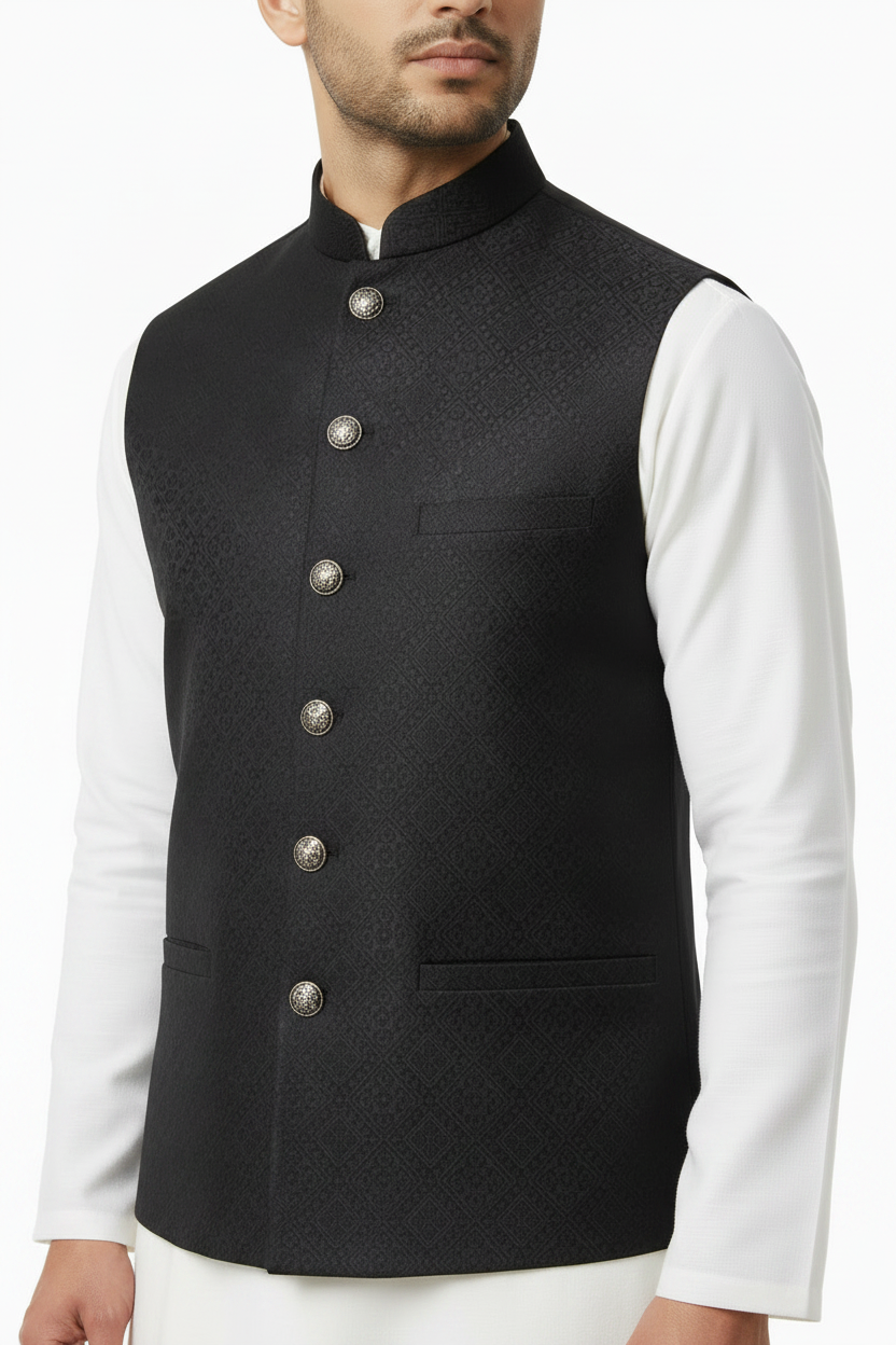 Men's Black Square Diamond Design Jamawar Waistcoat