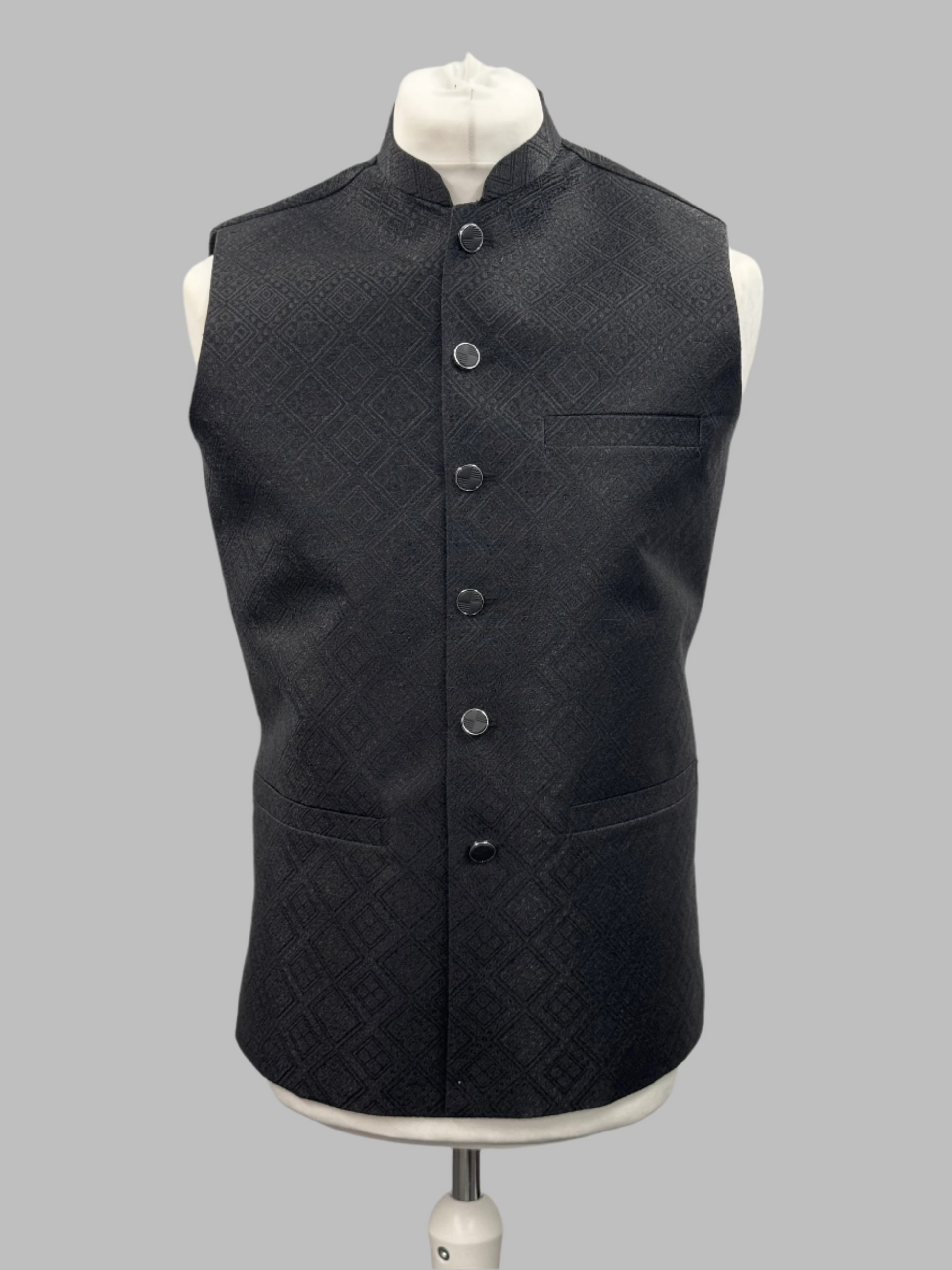 Men's Black Square Diamond Design Jamawar Waistcoat Front View