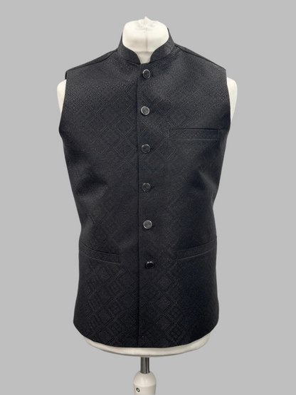 Men's Black Square Diamond Design Jamawar Waistcoat Front View