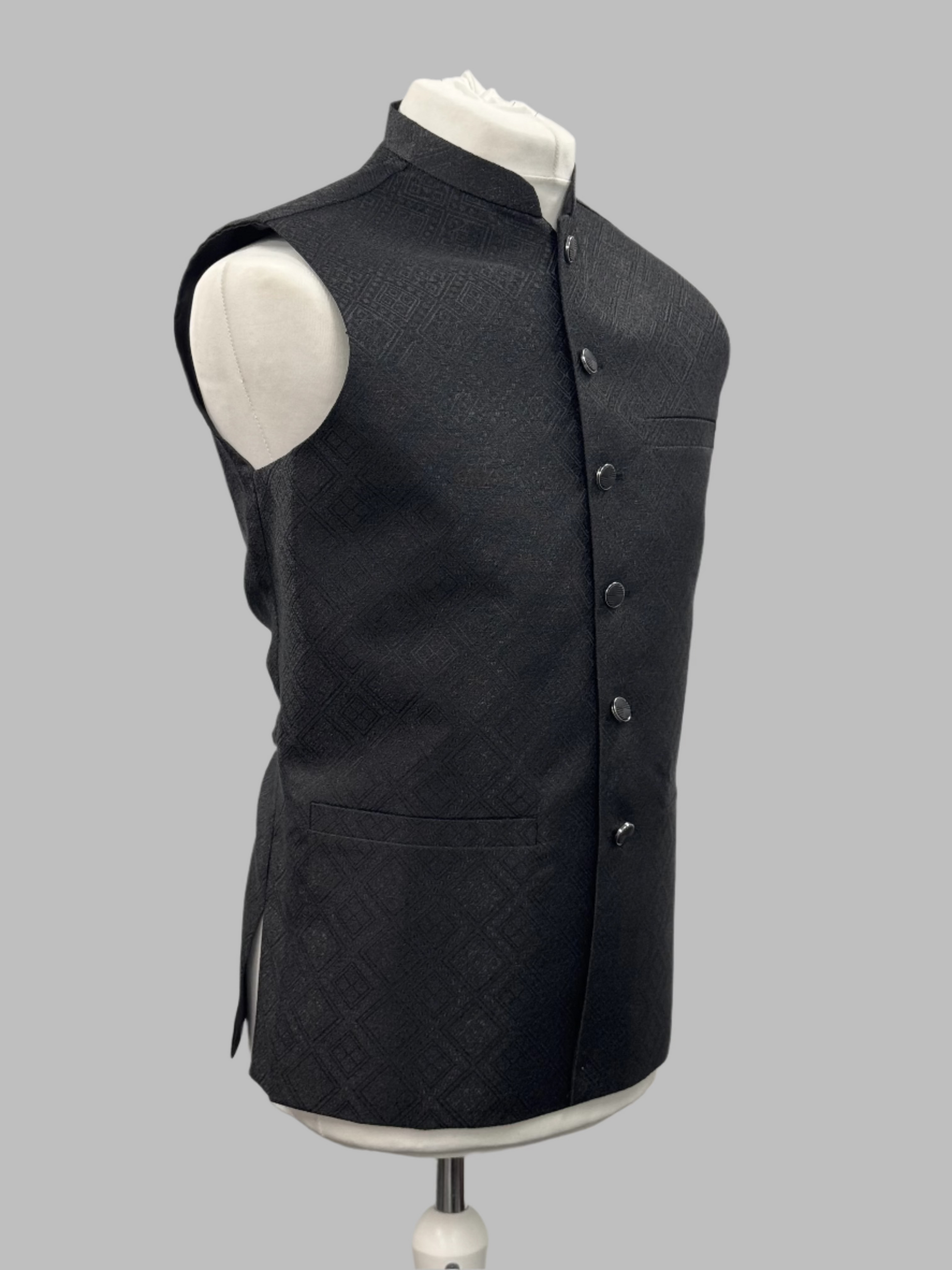 Men's Black Square Diamond Design Jamawar Waistcoat Side View