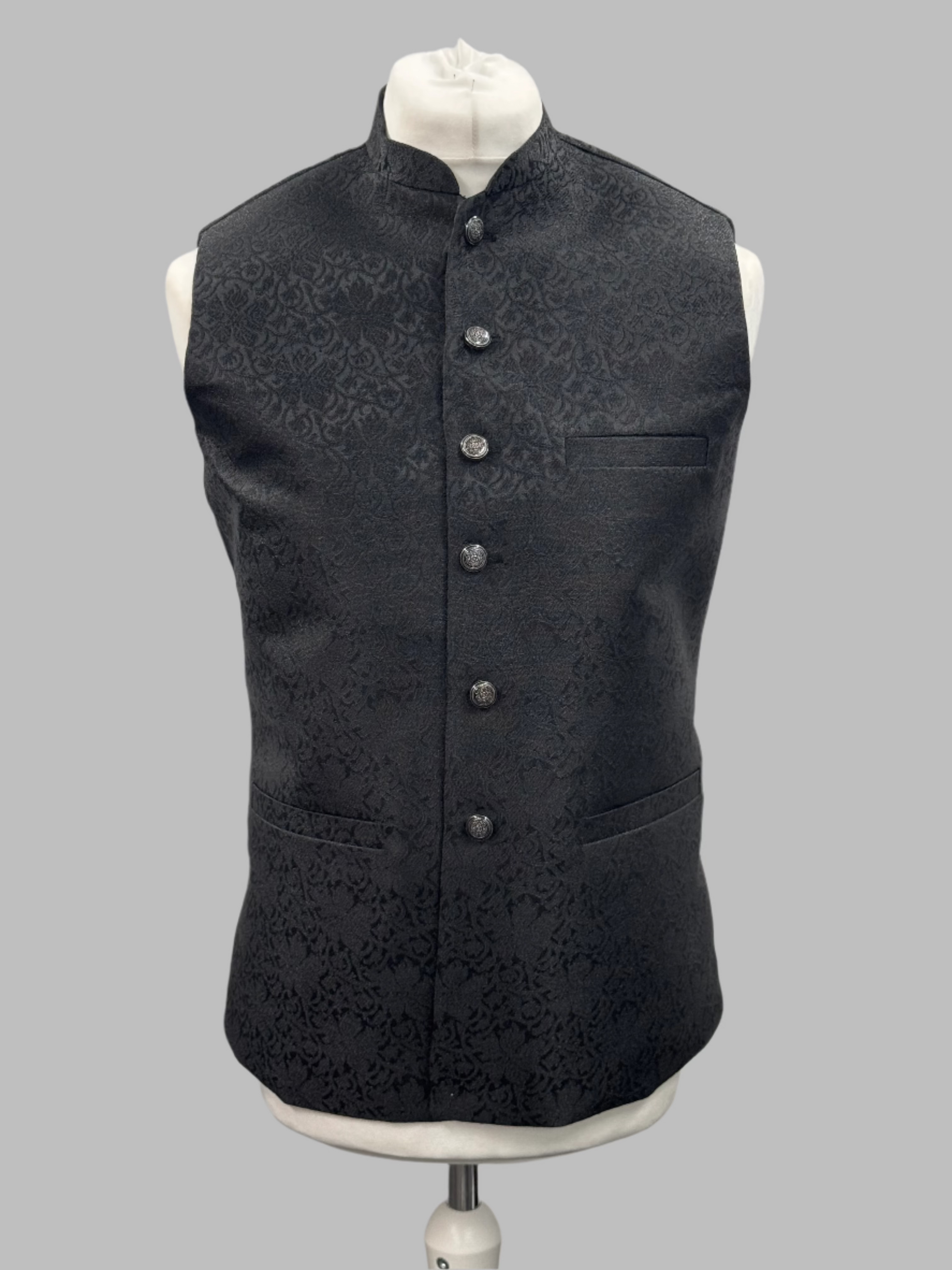 Men's Black Vine Design Jamawar Waistcoat Front View