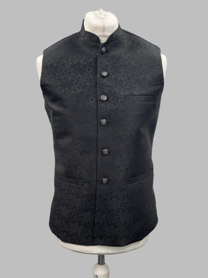 Men's Black Vine Design Jamawar Waistcoat Front View