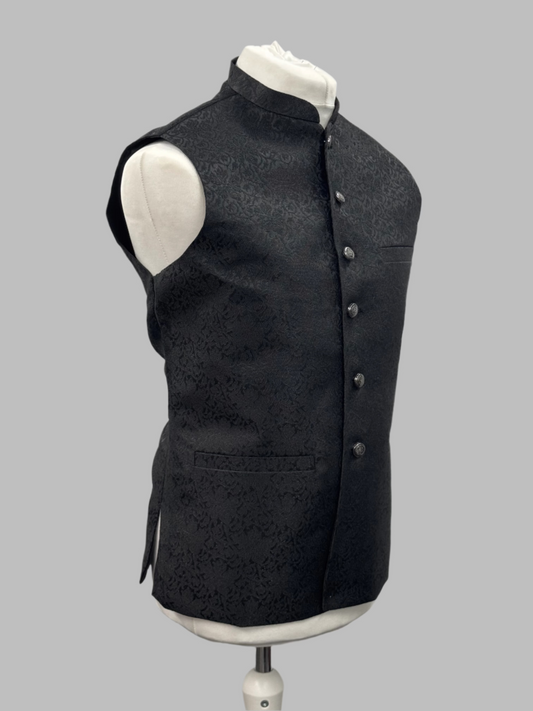 Men's Black Vine Design Jamawar Waistcoat Side View