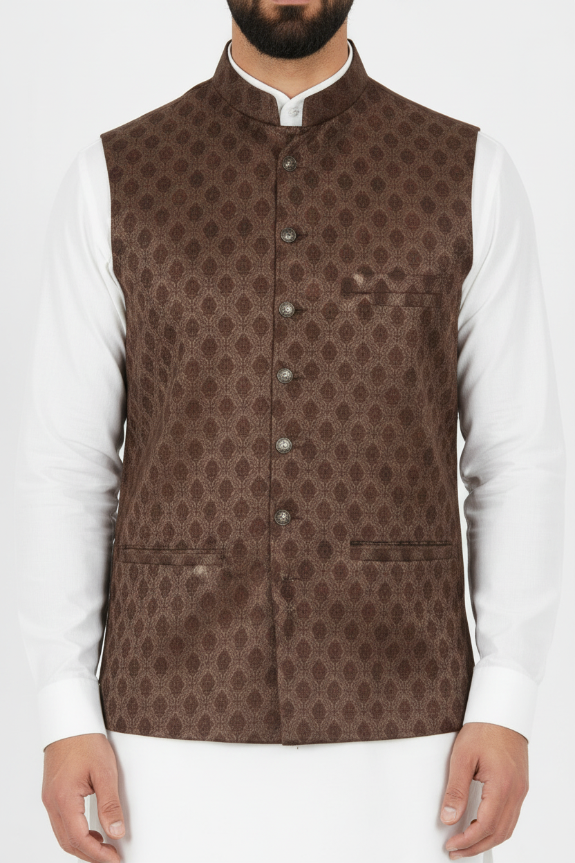 Men's Brown Diamond Design Jamawar Waistcoat Close Up