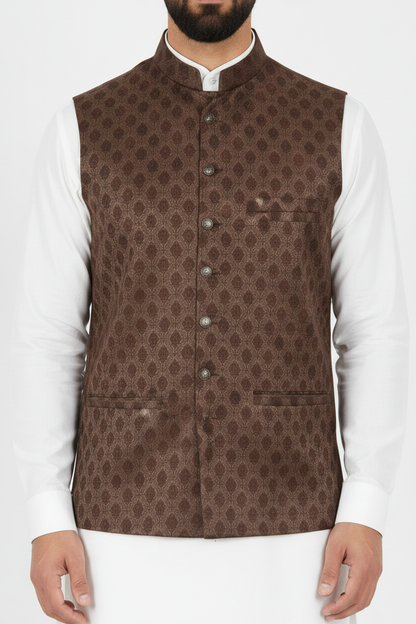 Men's Brown Diamond Design Jamawar Waistcoat Close Up