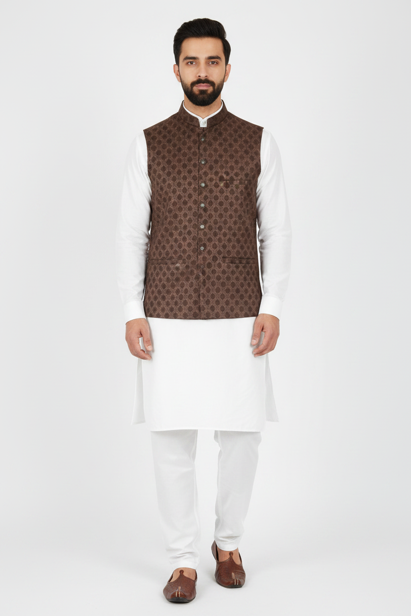 Men's Brown Diamond Design Jamawar Waistcoat Full Pose