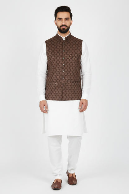 Men's Brown Diamond Design Jamawar Waistcoat Full Pose