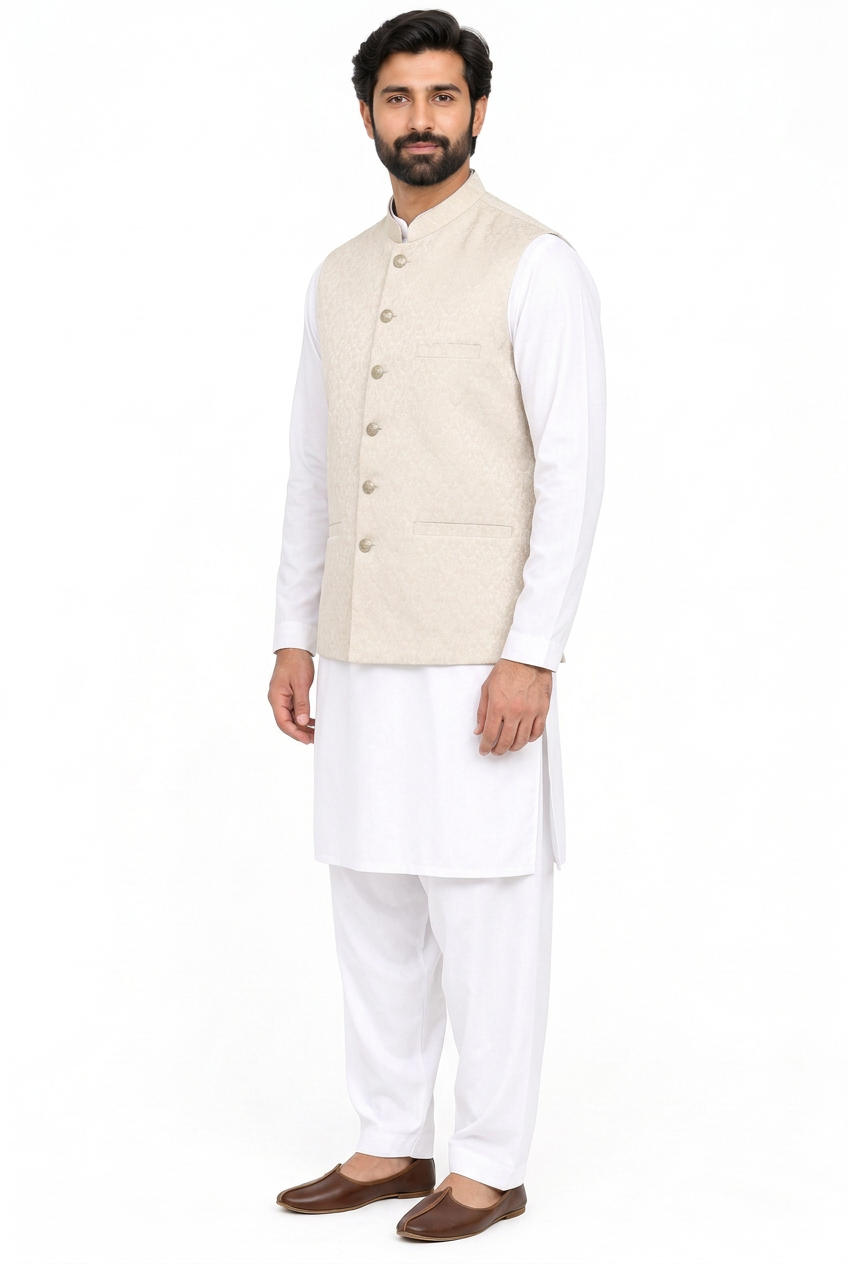 Men's Champagne Base Ivory Diamond Design Jamawar Waistcoat Angled Full