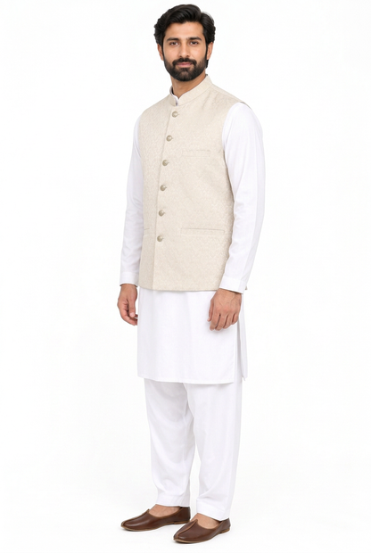Men's Champagne Base Ivory Diamond Design Jamawar Waistcoat Angled Full