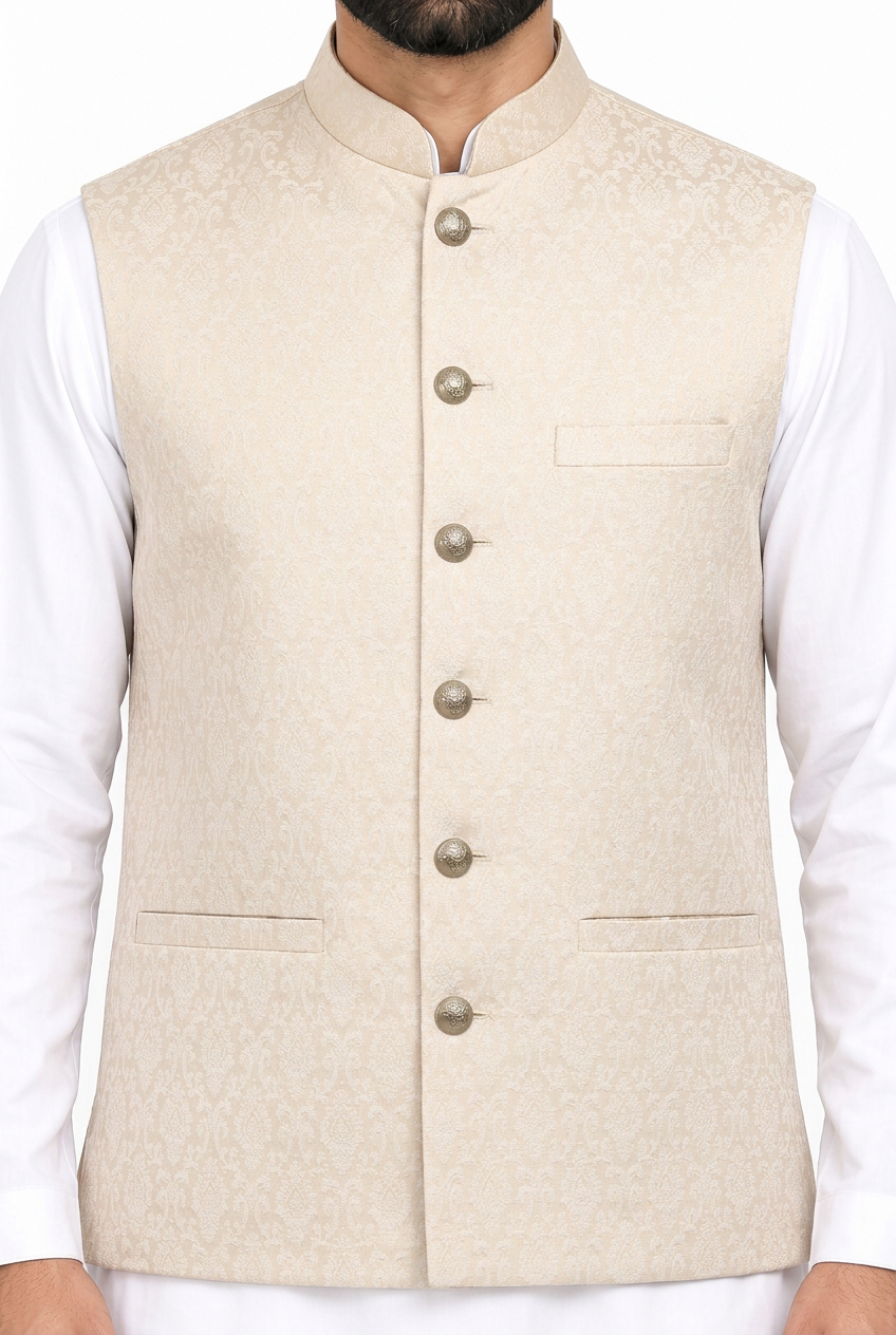 Men's Champagne Base Ivory Diamond Design Jamawar Waistcoat Close Up