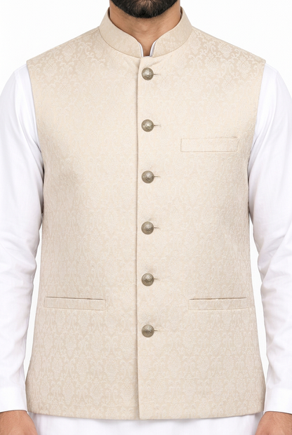 Men's Champagne Base Ivory Diamond Design Jamawar Waistcoat Close Up