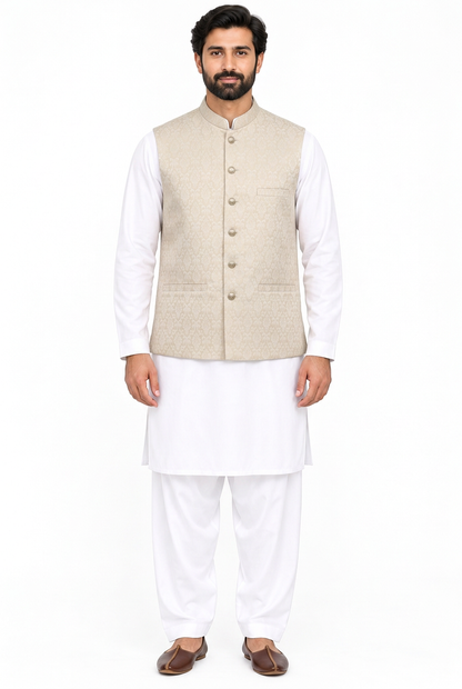 Men's Champagne Base Ivory Diamond Design Jamawar Waistcoat Full