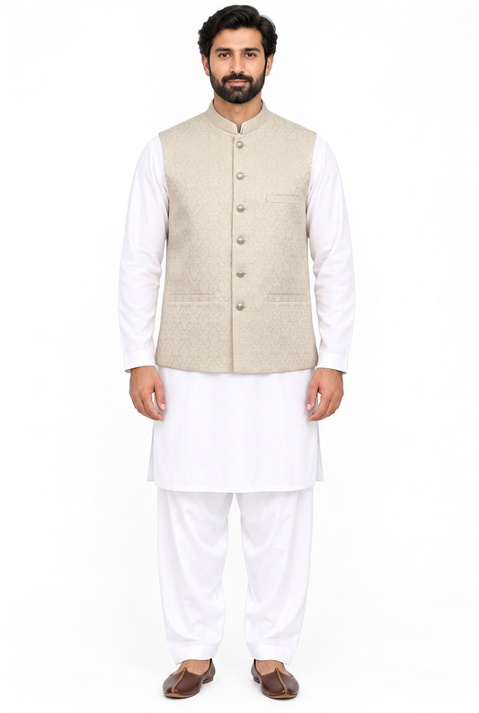 Men's Champagne Base Ivory Diamond Design Jamawar Waistcoat Full
