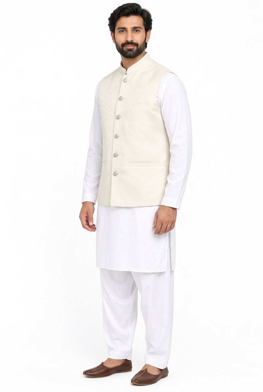 Men's Cream Flower Design Jamawar Waistcoat Angled Full