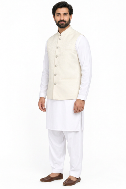 Men's Cream Flower Design Jamawar Waistcoat Angled Full