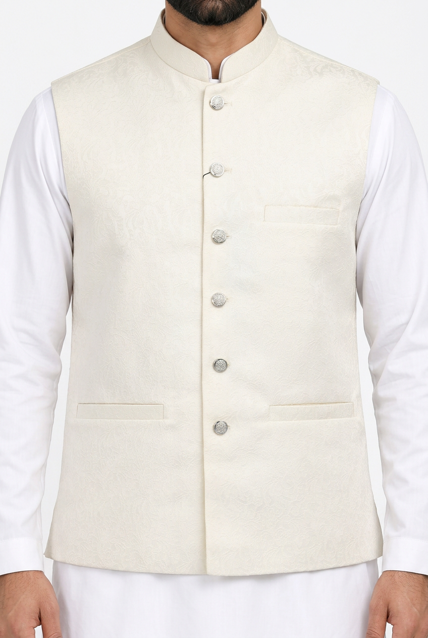 Men's Cream Flower Design Jamawar Waistcoat Close Up