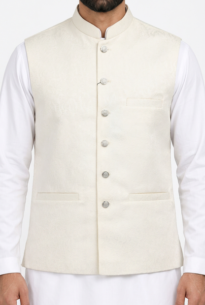 Men's Cream Flower Design Jamawar Waistcoat Close Up
