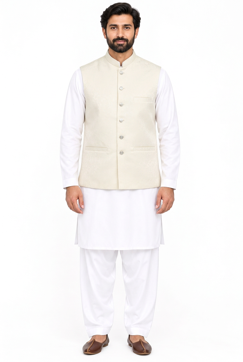 Men's Cream Flower Design Jamawar Waistcoat Ful