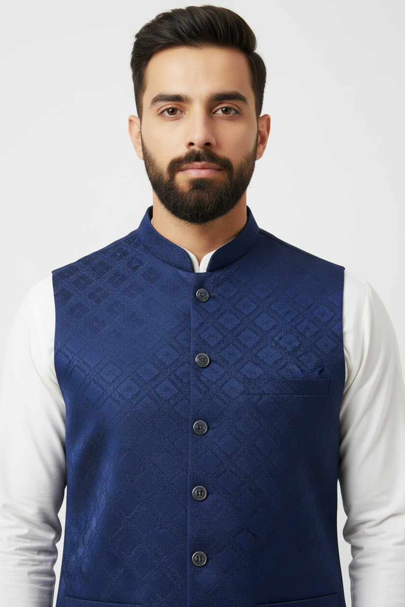 Men's Dark Blue Square Diamond Design Jamawar Waistcoat Close Up