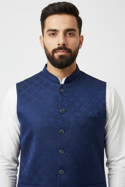 Men's Dark Blue Square Diamond Design Jamawar Waistcoat Close Up