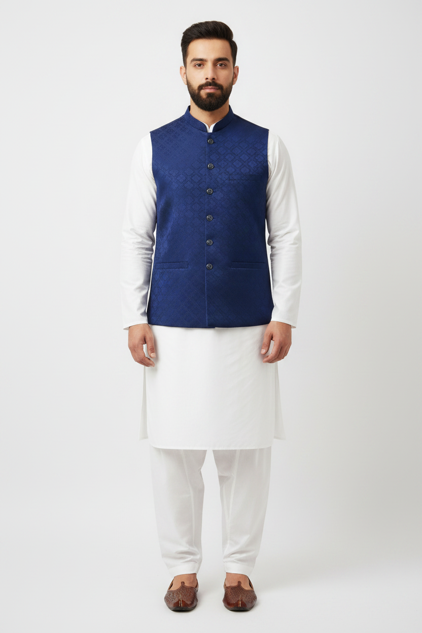 Men's Dark Blue Square Diamond Design Jamawar Waistcoat Full
