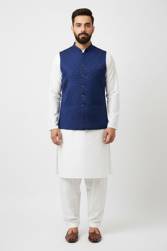 Men's Dark Blue Square Diamond Design Jamawar Waistcoat Full