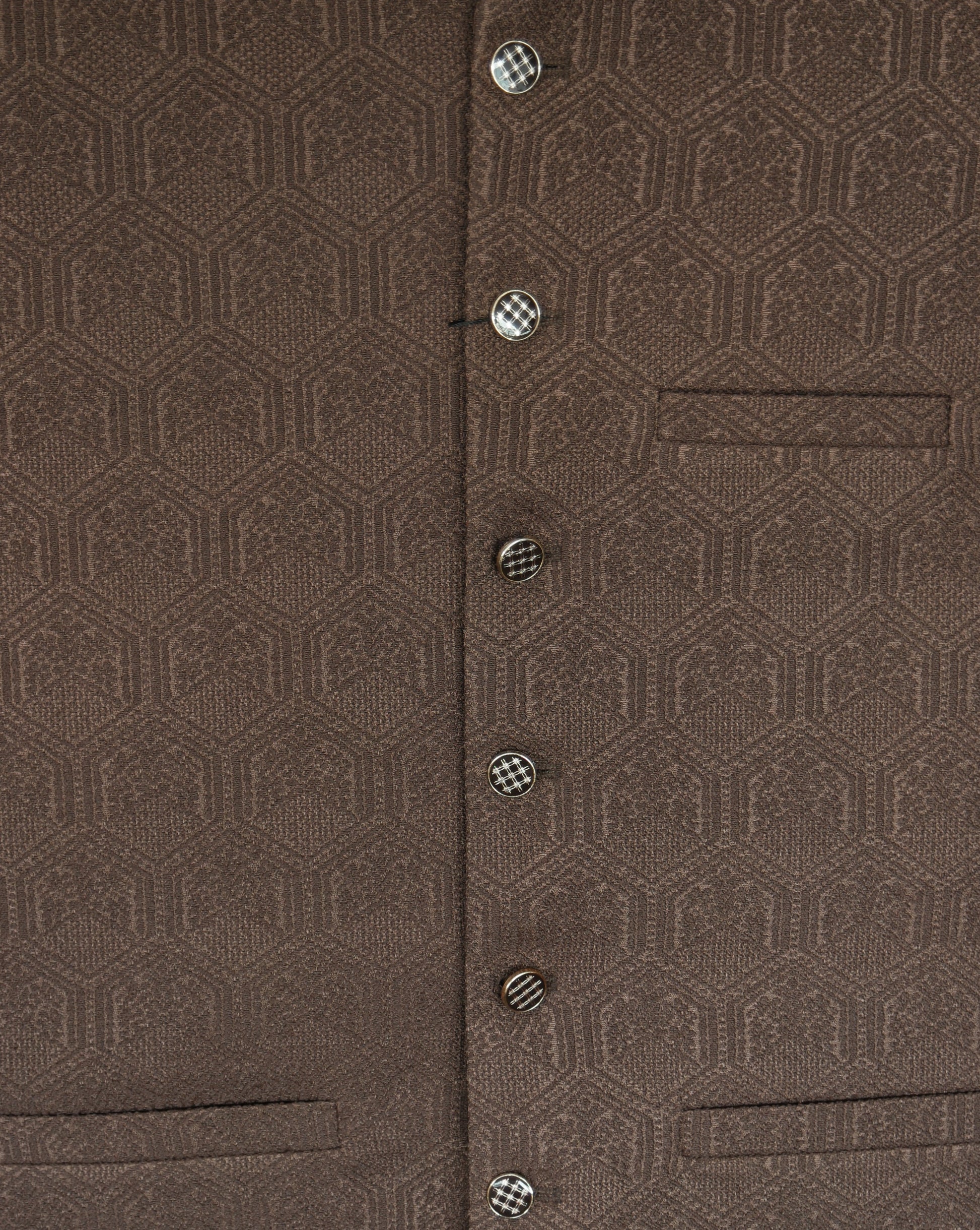 Men's Dark Brown Hex Design Jamawar Waistcoat