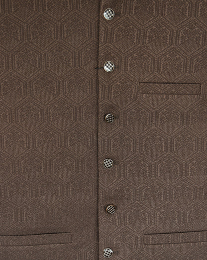 Men's Dark Brown Hex Design Jamawar Waistcoat
