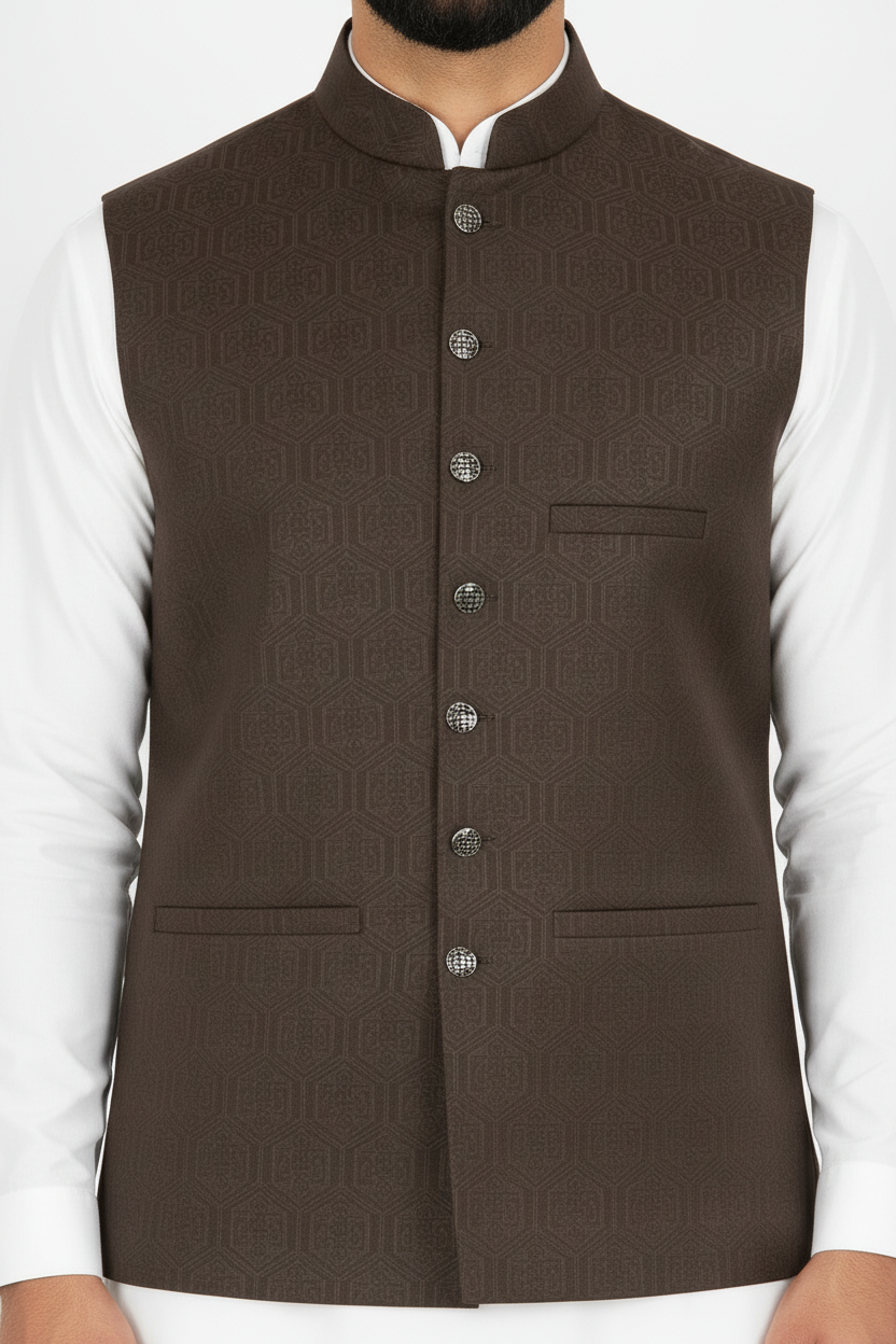 Men's Dark Brown Hex Design Jamawar Waistcoat Close Up