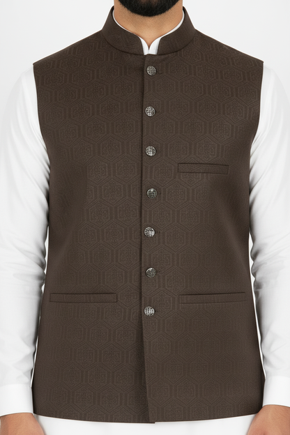 Men's Dark Brown Hex Design Jamawar Waistcoat Close Up